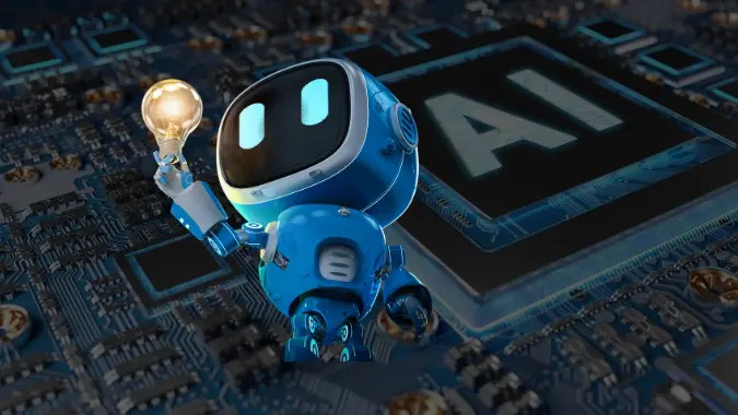 AI robot positioned on a computer motherboard, highlighting a GPU and intricate circuitry.