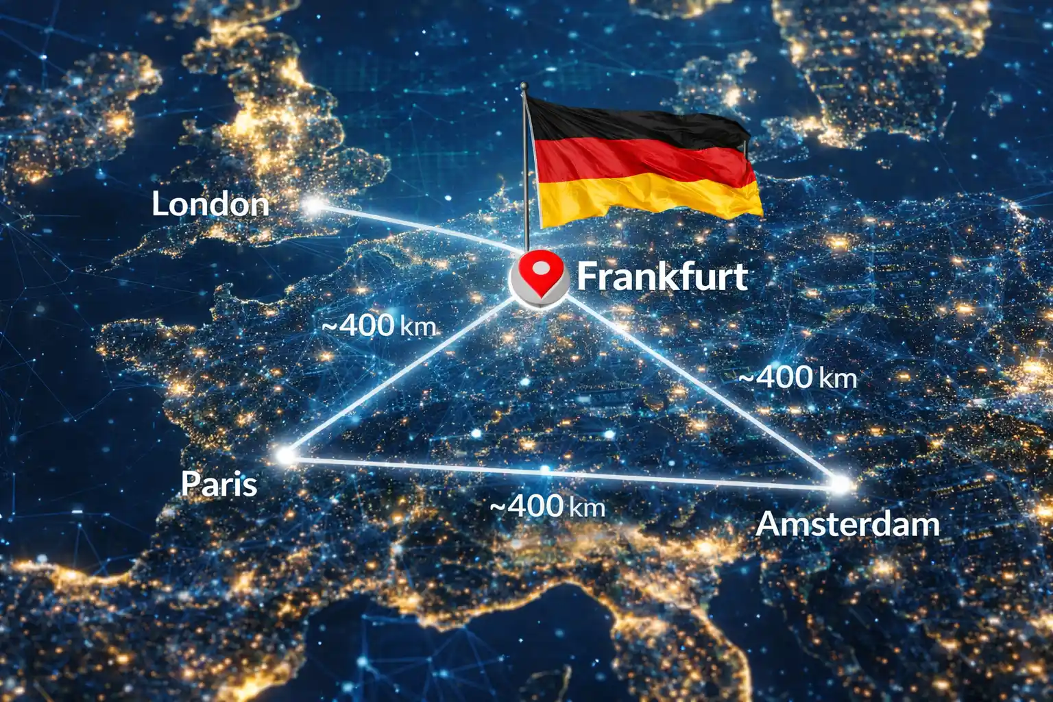 Network map showing Frankfurt equidistant to London, Paris, and Amsterdam