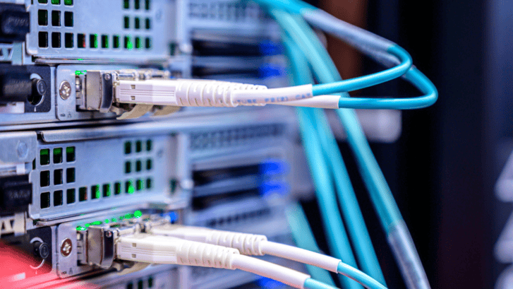 A network server with multiple cables connected, illustrating robust connectivity and data transfer capabilities.
