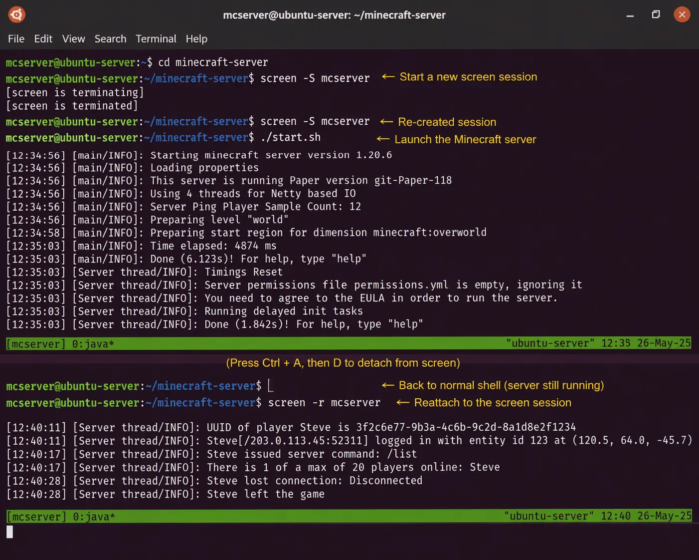Terminal screenshot showing Minecraft server screen command usage on Ubuntu.